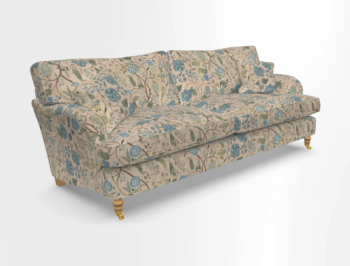 Alwinton 3 seater sofa in Ettas Stripe Moss with bolster cushion in Almost Plain Velvet Harvest