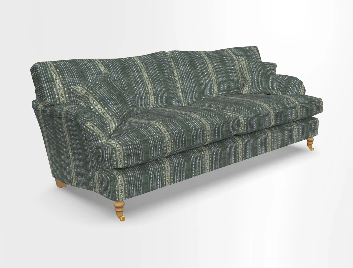 Alwinton 3 seater sofa in Ettas Stripe Moss with bolster cushion in Almost Plain Velvet Harvest