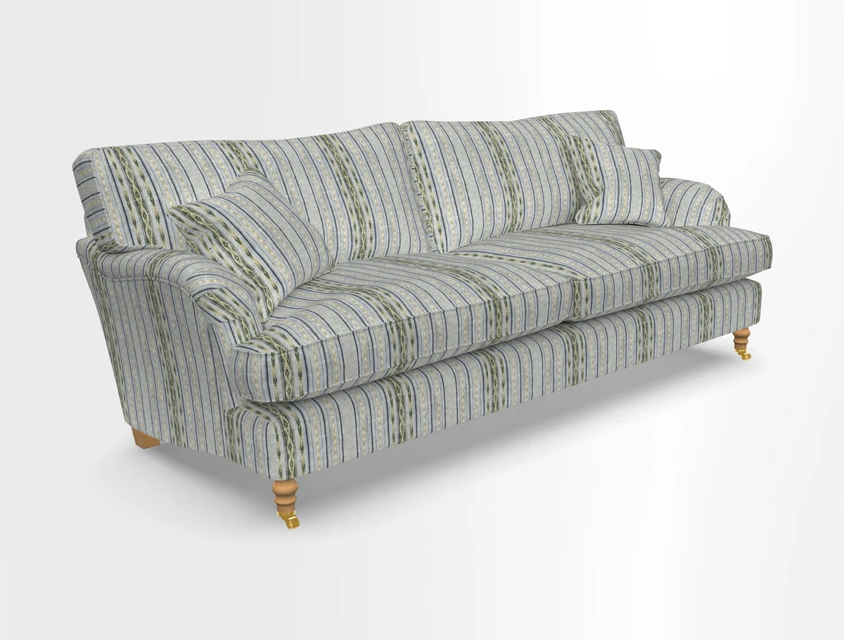 Alwinton 3 seater sofa in Ettas Stripe Moss with bolster cushion in Almost Plain Velvet Harvest