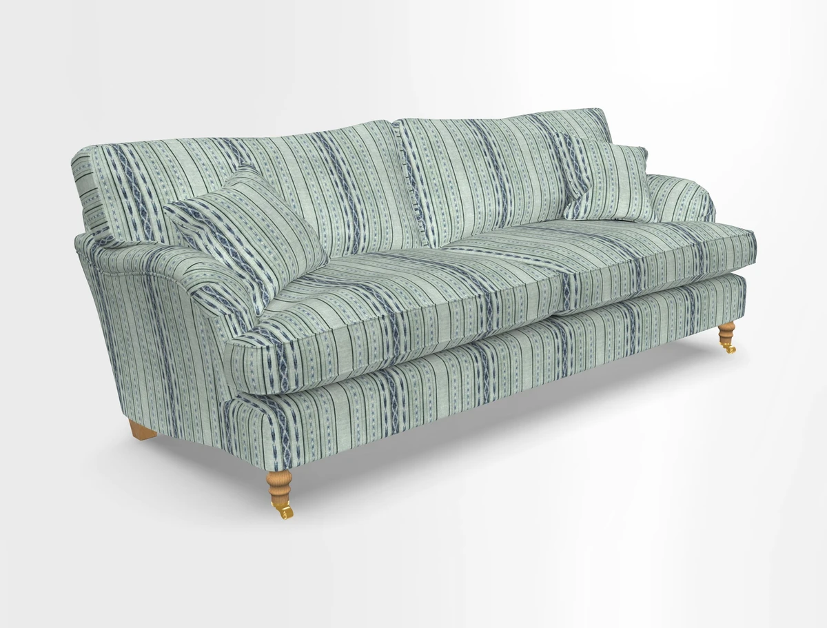 Alwinton 3 seater sofa in Ettas Stripe Moss with bolster cushion in Almost Plain Velvet Harvest