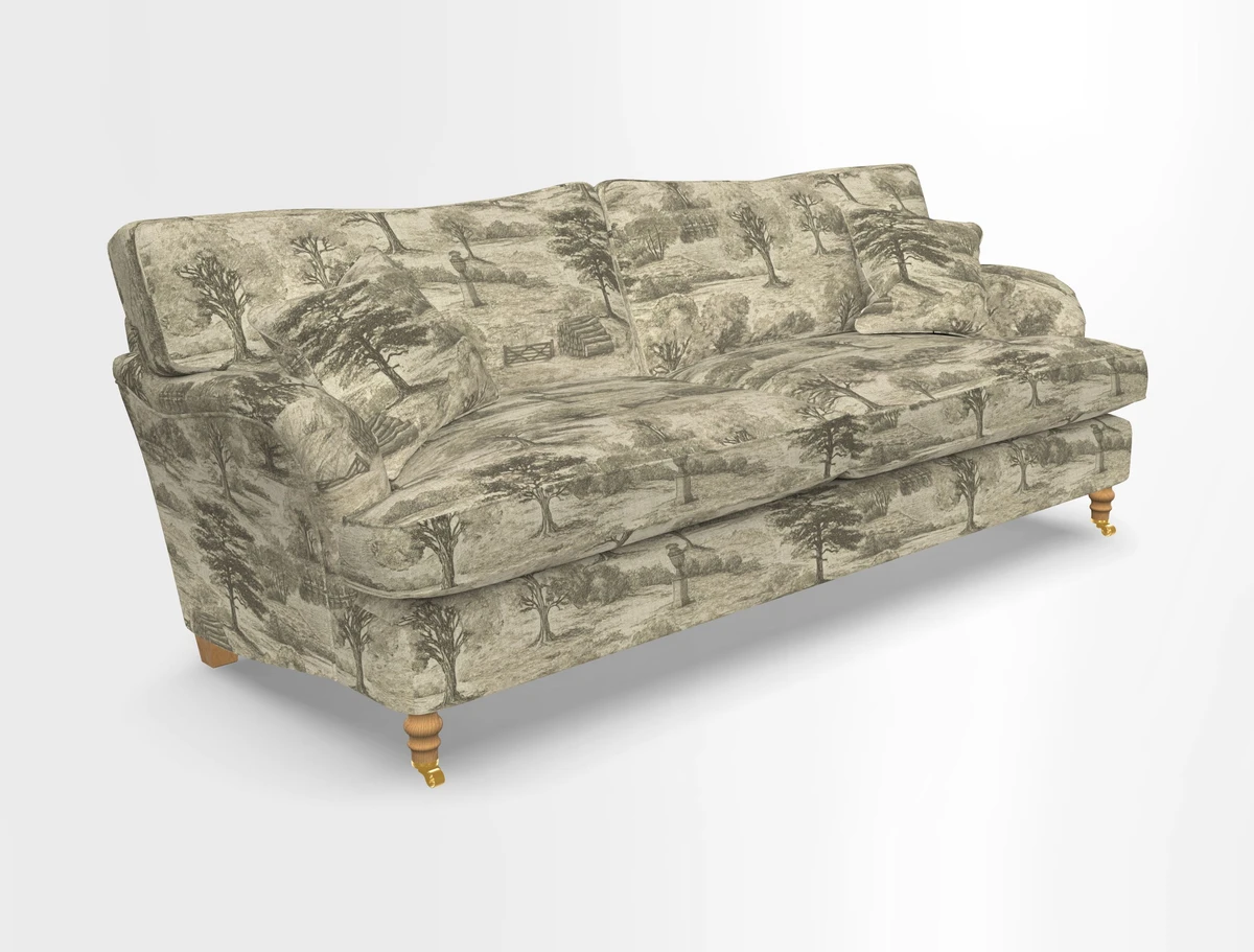 Alwinton 3 seater sofa in Ettas Stripe Moss with bolster cushion in Almost Plain Velvet Harvest