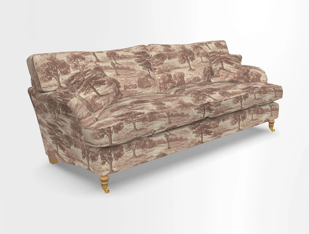 Alwinton 3 seater sofa in Ettas Stripe Moss with bolster cushion in Almost Plain Velvet Harvest