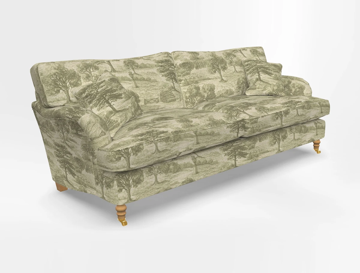 Alwinton 3 seater sofa in Ettas Stripe Moss with bolster cushion in Almost Plain Velvet Harvest