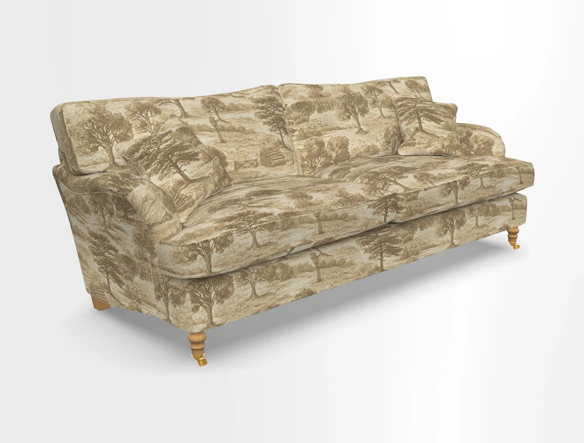 Alwinton 3 seater sofa in Ettas Stripe Moss with bolster cushion in Almost Plain Velvet Harvest