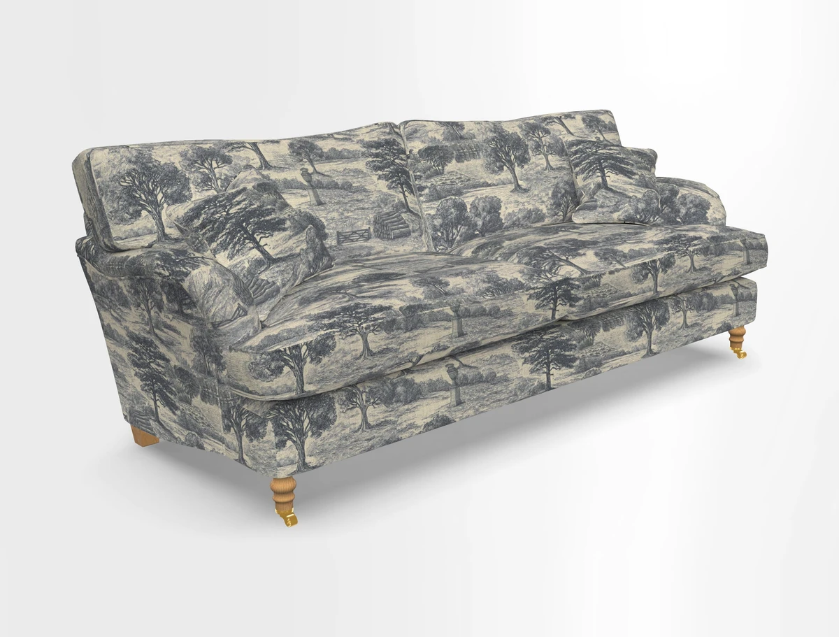 Alwinton 3 seater sofa in Ettas Stripe Moss with bolster cushion in Almost Plain Velvet Harvest