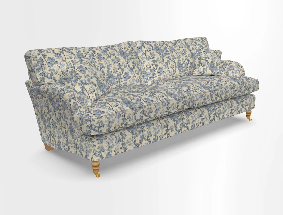 Alwinton 3 seater sofa in Ettas Stripe Moss with bolster cushion in Almost Plain Velvet Harvest
