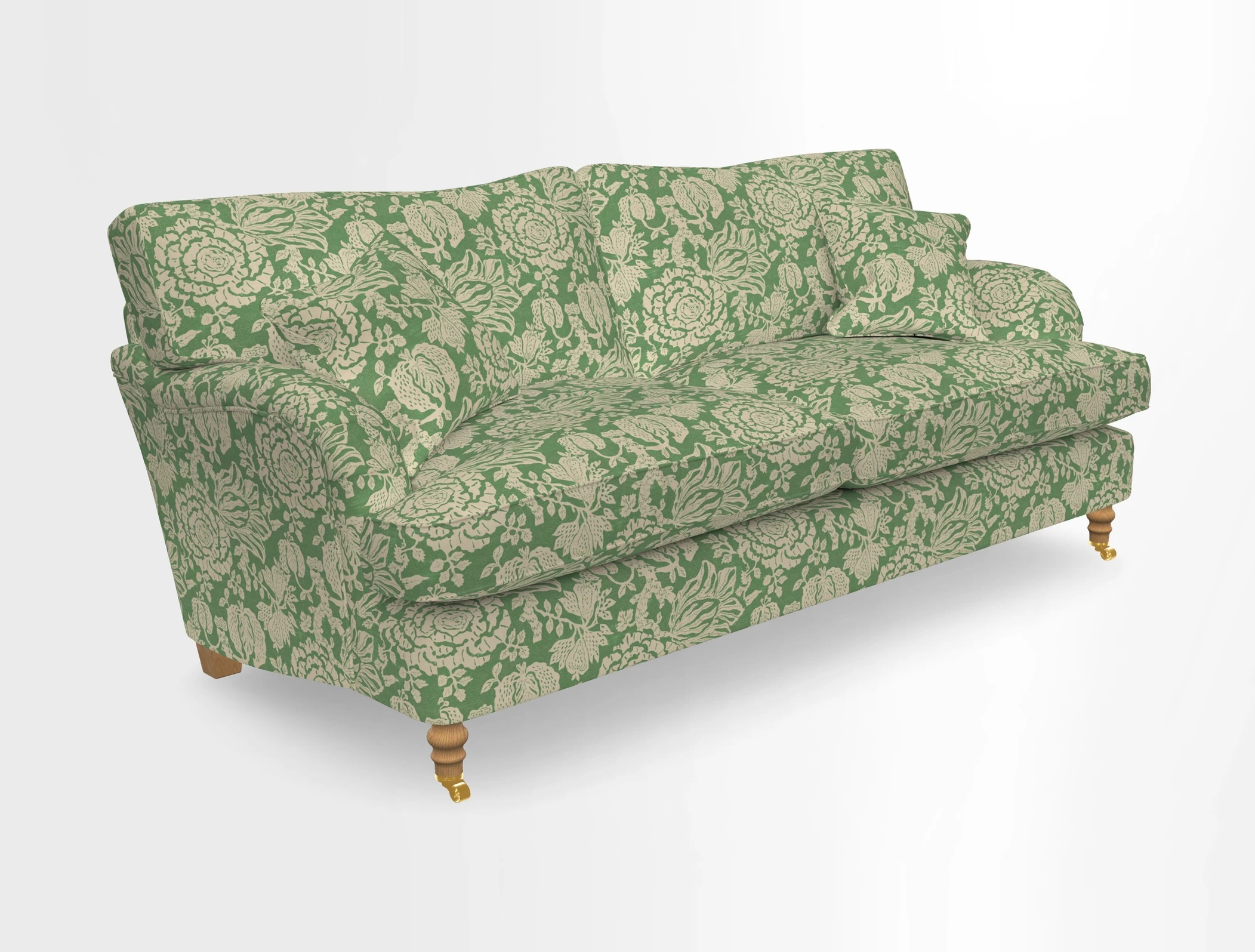 Alwinton 3 seater sofa in Ettas Stripe Moss with bolster cushion in Almost Plain Velvet Harvest