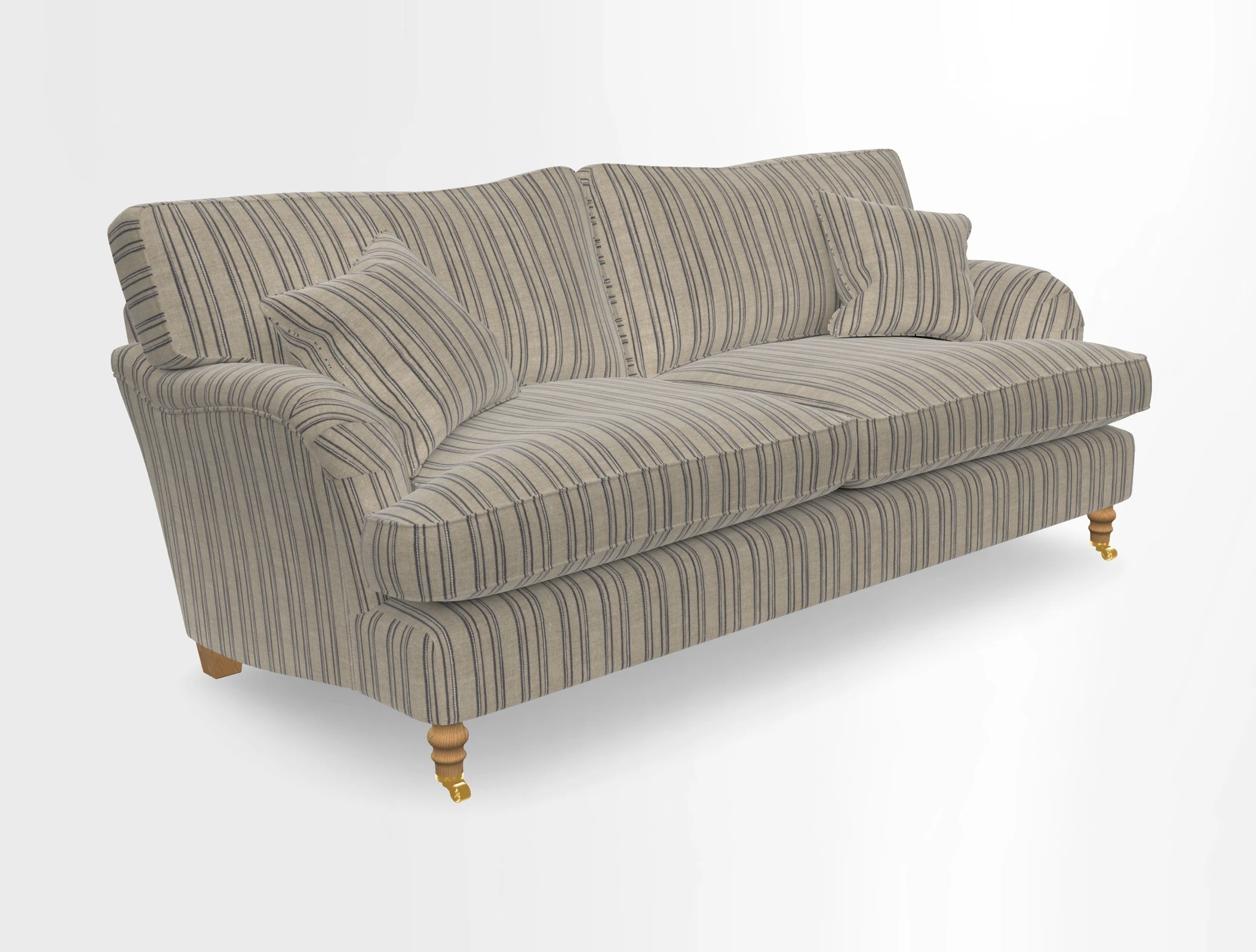 Alwinton 3 seater sofa in Ettas Stripe Moss with bolster cushion in Almost Plain Velvet Harvest