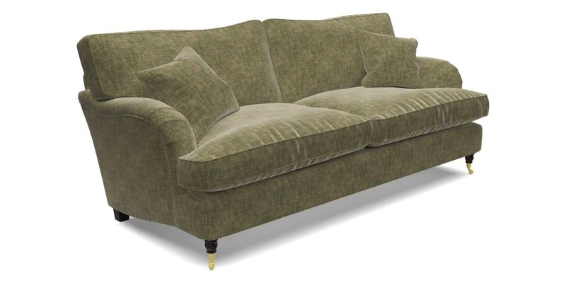 Alwinton 3 Seater Sofa in RHS Collection on Velvet William Hooker with Fringe in Sophie Bullion Viridian and Bedham Footstool in RHS Gertrude Jekyll Lattice Green
