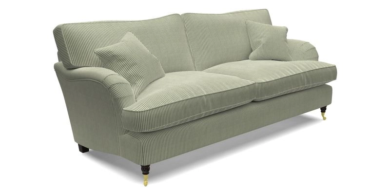 Alwinton 3 Seater Sofa in Ettas Stripe Moss with bolster cushion in Almost Plain Velvet Harvest