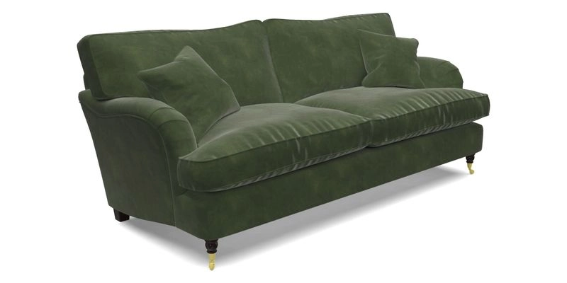 Alwinton 3 Seater Sofa in RHS Collection on Velvet William Hooker with Fringe in Sophie Bullion Viridian and Bedham Footstool in RHS Gertrude Jekyll Lattice Green