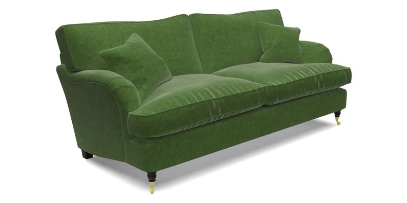 Alwinton 3 Seater Sofa in RHS Collection on Velvet William Hooker with Fringe in Sophie Bullion Viridian and Bedham Footstool in RHS Gertrude Jekyll Lattice Green
