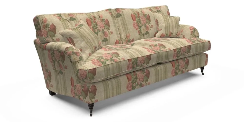 Alwinton 3 Seater Sofa in Ettas Stripe Moss with bolster cushion in Almost Plain Velvet Harvest
