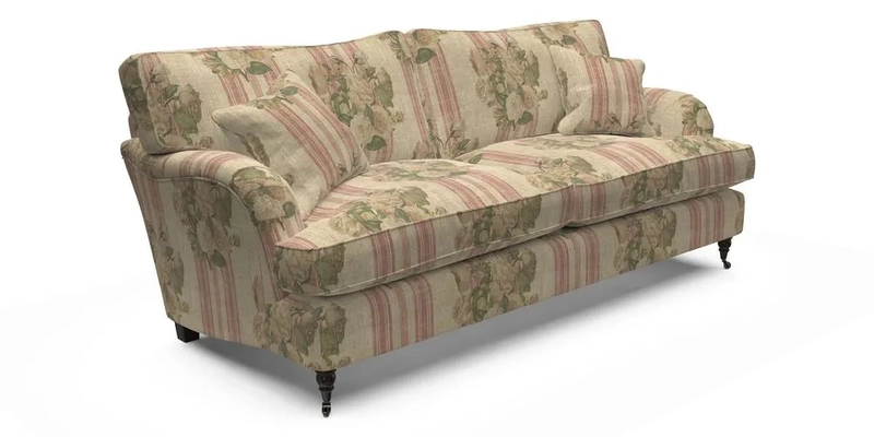 Alwinton 3 Seater Sofa in RHS Collection on Velvet William Hooker with Fringe in Sophie Bullion Viridian and Bedham Footstool in RHS Gertrude Jekyll Lattice Green