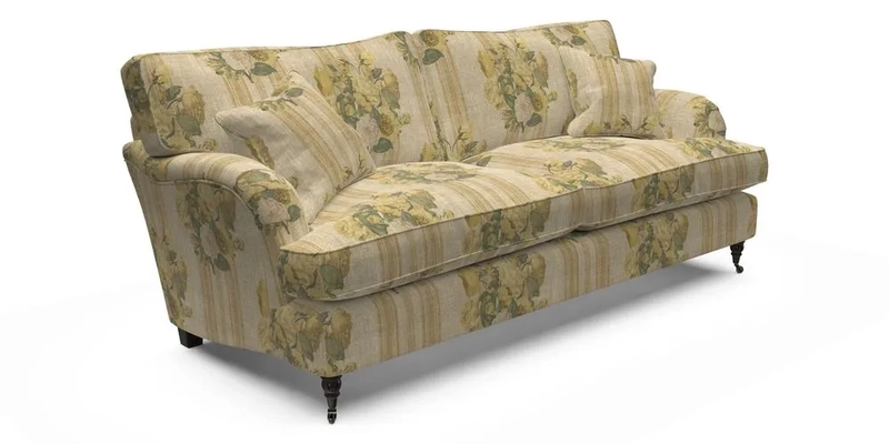 Alwinton 3 Seater Sofa in RHS Collection on Velvet William Hooker with Fringe in Sophie Bullion Viridian and Bedham Footstool in RHS Gertrude Jekyll Lattice Green