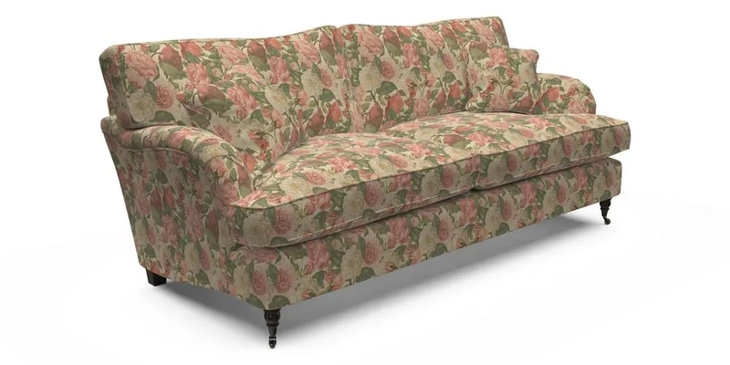 Alwinton 3 Seater Sofa in RHS Collection on Velvet William Hooker with Fringe in Sophie Bullion Viridian and Bedham Footstool in RHS Gertrude Jekyll Lattice Green