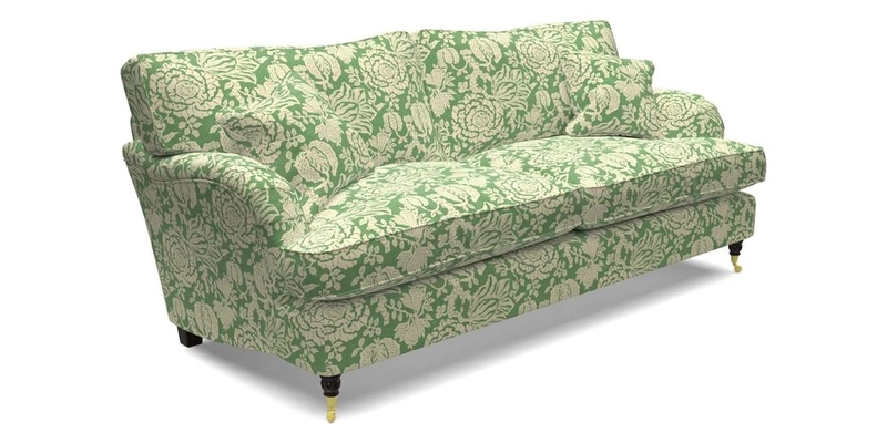 Alwinton 3 Seater Sofa in RHS Collection on Velvet William Hooker with Fringe in Sophie Bullion Viridian and Bedham Footstool in RHS Gertrude Jekyll Lattice Green