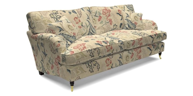 Alwinton 3 Seater Sofa in RHS Collection on Velvet William Hooker with Fringe in Sophie Bullion Viridian and Bedham Footstool in RHS Gertrude Jekyll Lattice Green