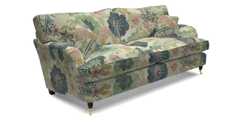 Alwinton 3 Seater Sofa in RHS Collection on Velvet William Hooker with Fringe in Sophie Bullion Viridian and Bedham Footstool in RHS Gertrude Jekyll Lattice Green