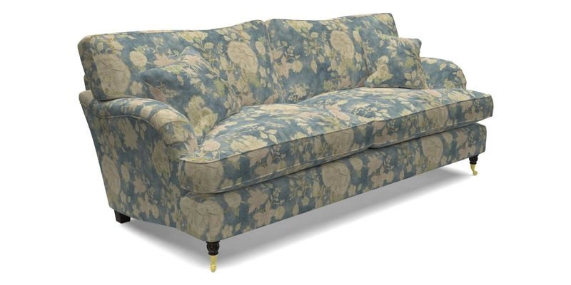 Alwinton 3 Seater Sofa in RHS Collection on Velvet William Hooker with Fringe in Sophie Bullion Viridian and Bedham Footstool in RHS Gertrude Jekyll Lattice Green