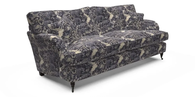 Alwinton 3 Seater Sofa in RHS Collection on Velvet William Hooker with Fringe in Sophie Bullion Viridian and Bedham Footstool in RHS Gertrude Jekyll Lattice Green