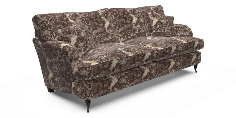 Alwinton 3 Seater Sofa in RHS Collection on Velvet William Hooker with Fringe in Sophie Bullion Viridian and Bedham Footstool in RHS Gertrude Jekyll Lattice Green