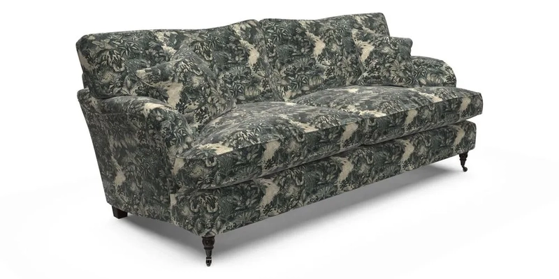 Alwinton 3 Seater Sofa in RHS Collection on Velvet William Hooker with Fringe in Sophie Bullion Viridian and Bedham Footstool in RHS Gertrude Jekyll Lattice Green