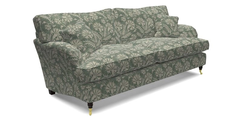 Alwinton 3 Seater Sofa in RHS Collection on Velvet William Hooker with Fringe in Sophie Bullion Viridian and Bedham Footstool in RHS Gertrude Jekyll Lattice Green
