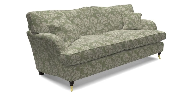 Alwinton 3 Seater Sofa in RHS Collection on Velvet William Hooker with Fringe in Sophie Bullion Viridian and Bedham Footstool in RHS Gertrude Jekyll Lattice Green