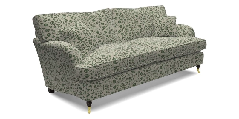 Alwinton 3 Seater Sofa in RHS Collection on Velvet William Hooker with Fringe in Sophie Bullion Viridian and Bedham Footstool in RHS Gertrude Jekyll Lattice Green