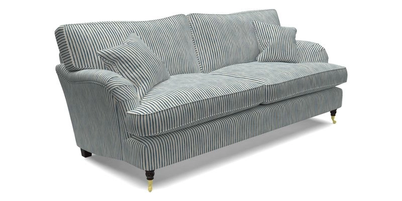 Alwinton 3 Seater Sofa in Ettas Stripe Moss with bolster cushion in Almost Plain Velvet Harvest