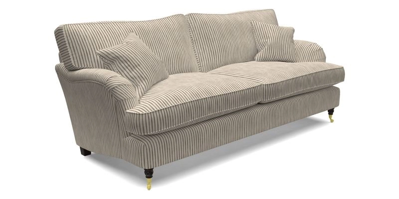 Alwinton 3 Seater Sofa in Ettas Stripe Moss with bolster cushion in Almost Plain Velvet Harvest