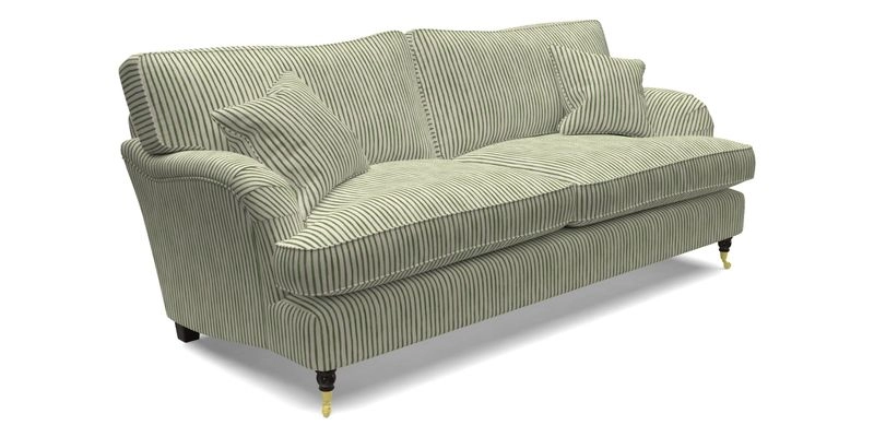 Alwinton 3 Seater Sofa in Ettas Stripe Moss with bolster cushion in Almost Plain Velvet Harvest