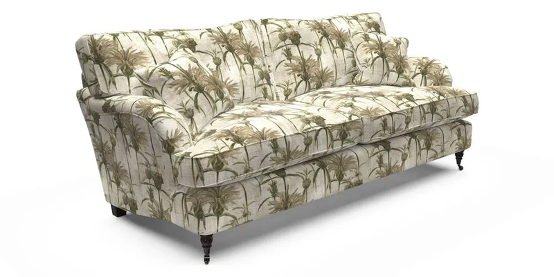 Alwinton 3 Seater Sofa in RHS Collection on Velvet William Hooker with Fringe in Sophie Bullion Viridian and Bedham Footstool in RHS Gertrude Jekyll Lattice Green