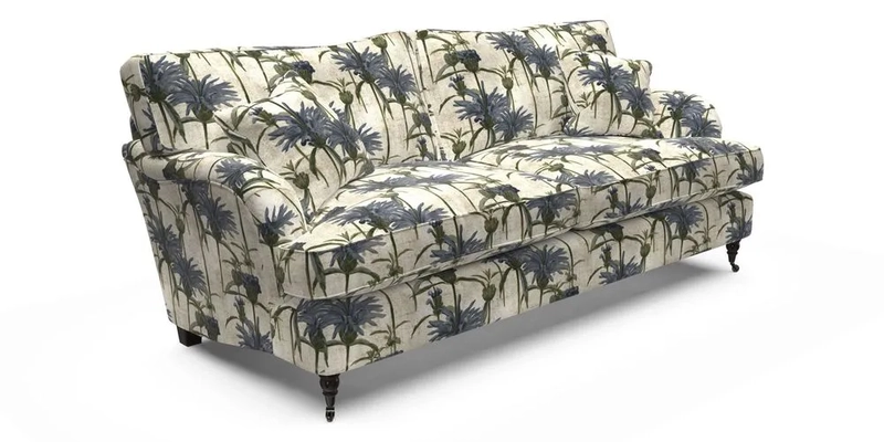 Alwinton 3 Seater Sofa in RHS Collection on Velvet William Hooker with Fringe in Sophie Bullion Viridian and Bedham Footstool in RHS Gertrude Jekyll Lattice Green