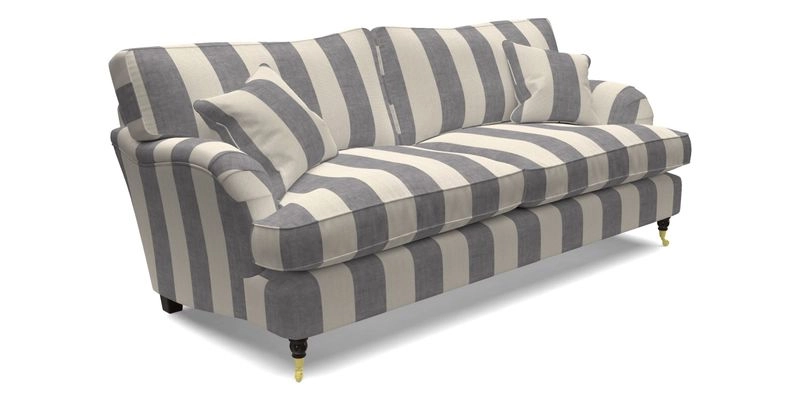 Alwinton 3 Seater Sofa in Ettas Stripe Moss with bolster cushion in Almost Plain Velvet Harvest