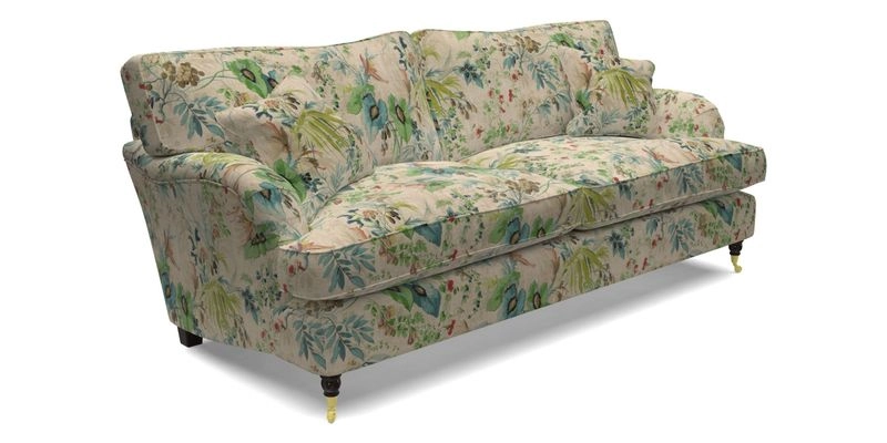 Alwinton 3 Seater Sofa in RHS Collection on Velvet William Hooker with Fringe in Sophie Bullion Viridian and Bedham Footstool in RHS Gertrude Jekyll Lattice Green