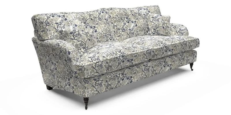 Alwinton 3 Seater Sofa in RHS Collection on Velvet William Hooker with Fringe in Sophie Bullion Viridian and Bedham Footstool in RHS Gertrude Jekyll Lattice Green