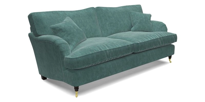 Alwinton 3 Seater Sofa in RHS Collection on Velvet William Hooker with Fringe in Sophie Bullion Viridian and Bedham Footstool in RHS Gertrude Jekyll Lattice Green