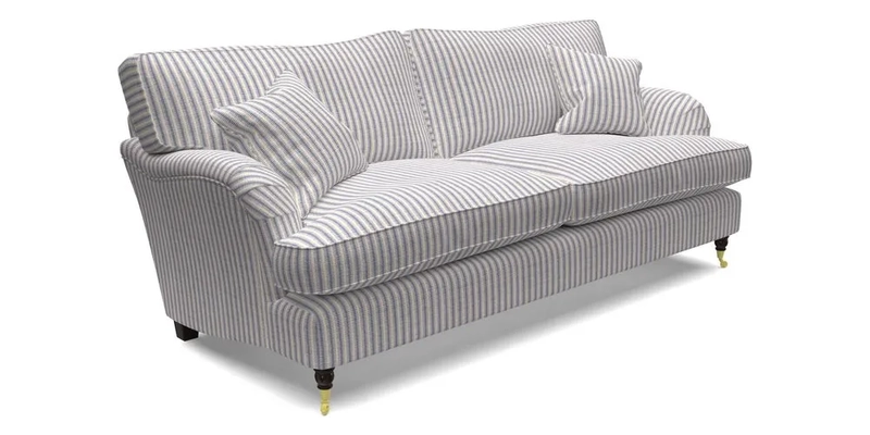 Alwinton 3 Seater Sofa in Ettas Stripe Moss with bolster cushion in Almost Plain Velvet Harvest