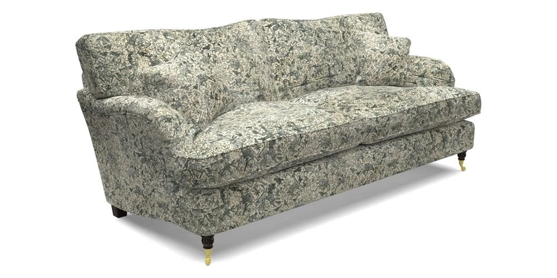 Alwinton 3 Seater Sofa in RHS Collection on Velvet William Hooker with Fringe in Sophie Bullion Viridian and Bedham Footstool in RHS Gertrude Jekyll Lattice Green