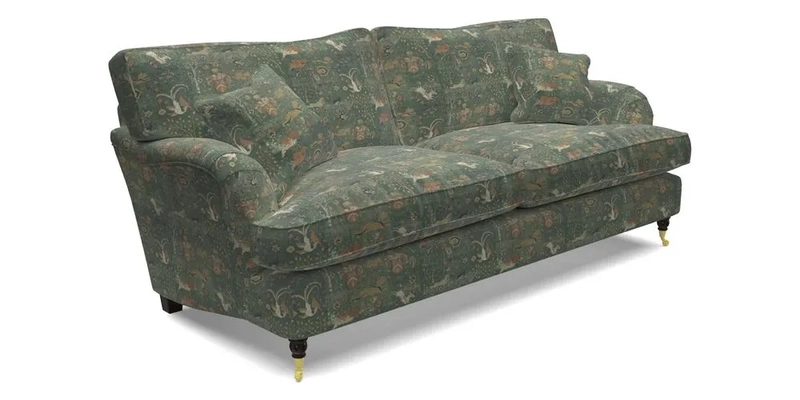 Alwinton 3 Seater Sofa in Ettas Stripe Moss with bolster cushion in Almost Plain Velvet Harvest