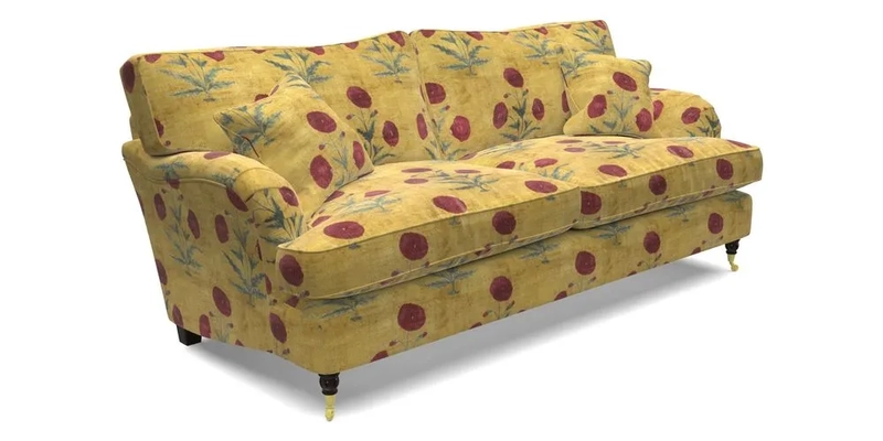 Alwinton 3 Seater Sofa in RHS Collection on Velvet William Hooker with Fringe in Sophie Bullion Viridian and Bedham Footstool in RHS Gertrude Jekyll Lattice Green