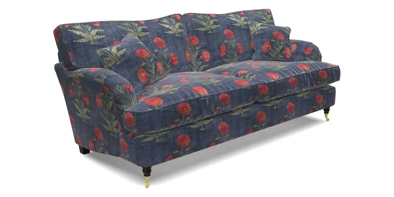 Alwinton 3 Seater Sofa in Ettas Stripe Moss with bolster cushion in Almost Plain Velvet Harvest