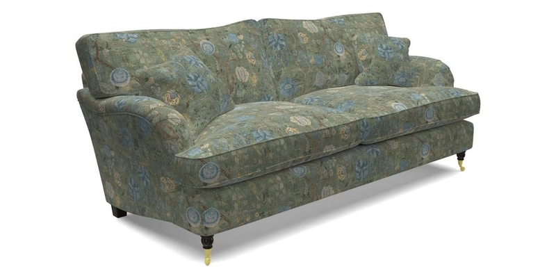 Alwinton 3 Seater Sofa in Ettas Stripe Moss with bolster cushion in Almost Plain Velvet Harvest
