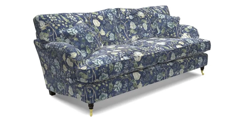 Alwinton 3 Seater Sofa in RHS Collection on Velvet William Hooker with Fringe in Sophie Bullion Viridian and Bedham Footstool in RHS Gertrude Jekyll Lattice Green