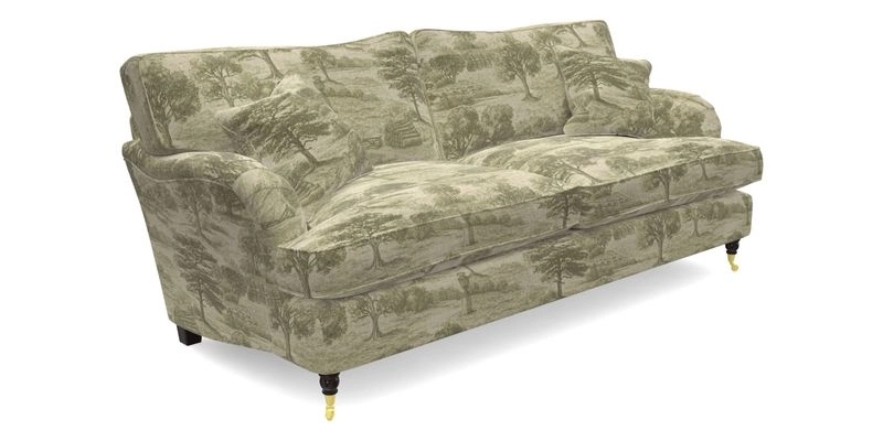 Alwinton 3 seater sofa in Ettas Stripe Moss with bolster cushion in Almost Plain Velvet Harvest