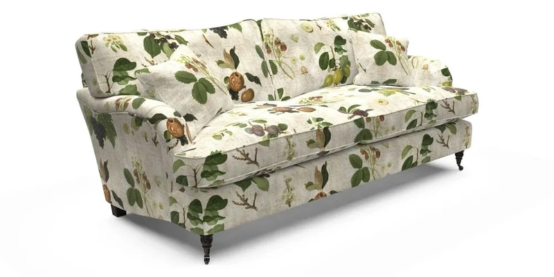 Alwinton 3 Seater Sofa in RHS Collection on Velvet William Hooker with Fringe in Sophie Bullion Viridian and Bedham Footstool in RHS Gertrude Jekyll Lattice Green