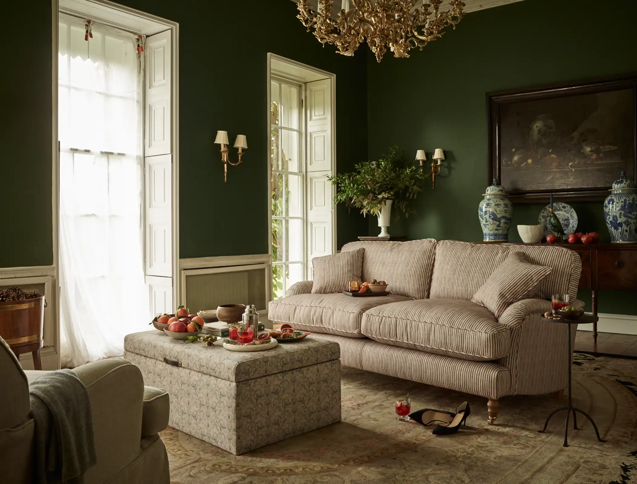 Alwinton 3 seater sofa in Spill Resistant Sussex Stripe Mocha and Birdham footstool in Spill Resistant Gertrude Jekyll Ornamental Duck Egg