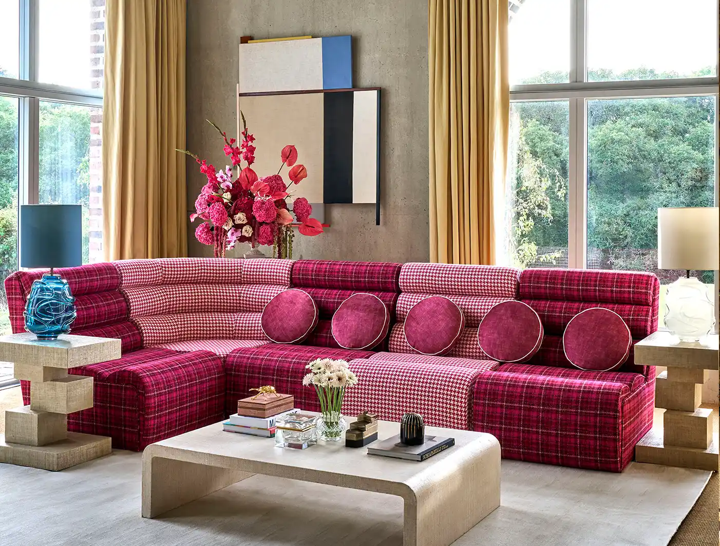 Aspect corner group in Harpers Bazaar Houndstooth Woven Shocking Pink and Check Woven Shocking Pink with scatters in Almost Plain Velvet Raspberry